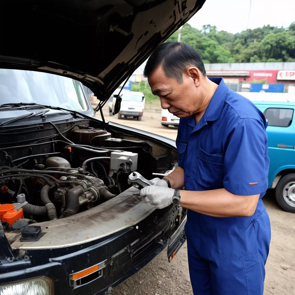 Anh Ba đang kiểm tra động cơ xe tải