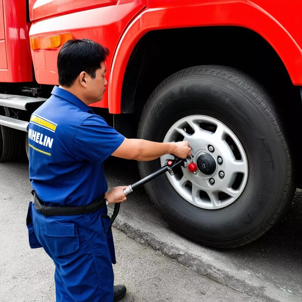 Mr. Ba checking a truck tire