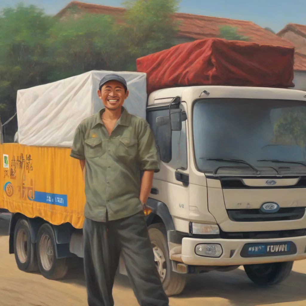 Proprietário sorridente ao lado do seu novo camião FAW 7T3 com caixa aberta, demonstrando satisfação com a sua escolha.