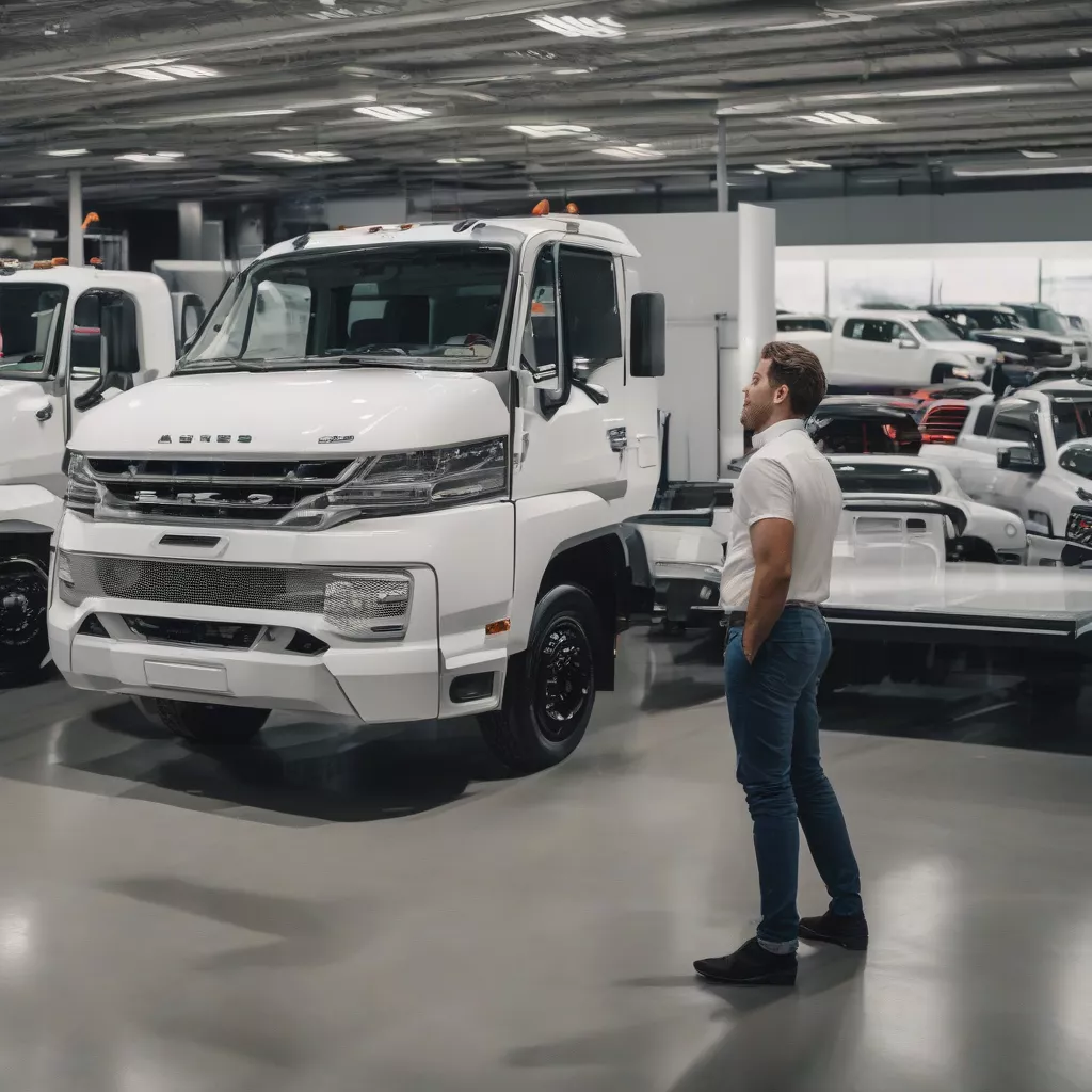 Customer examining a truck at the showroom