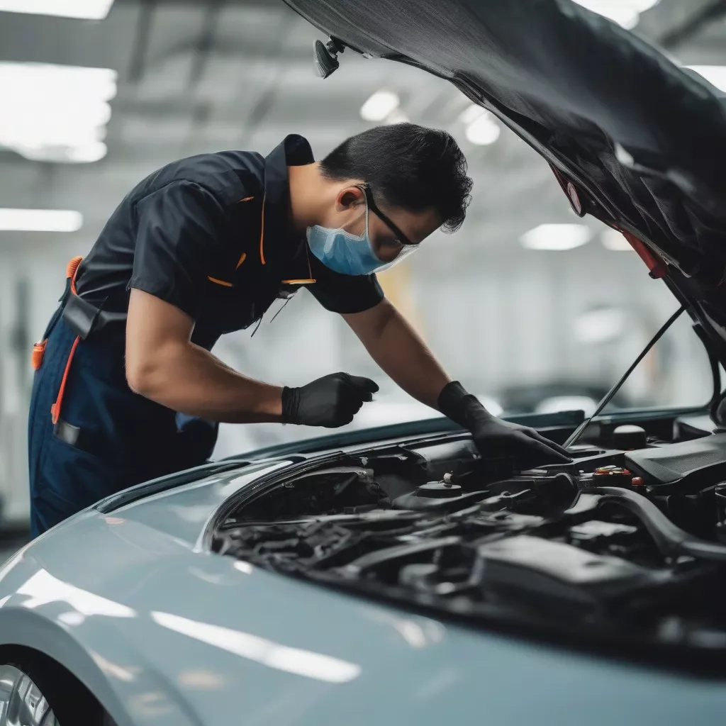 Technician inspecting a crack on a car windshield