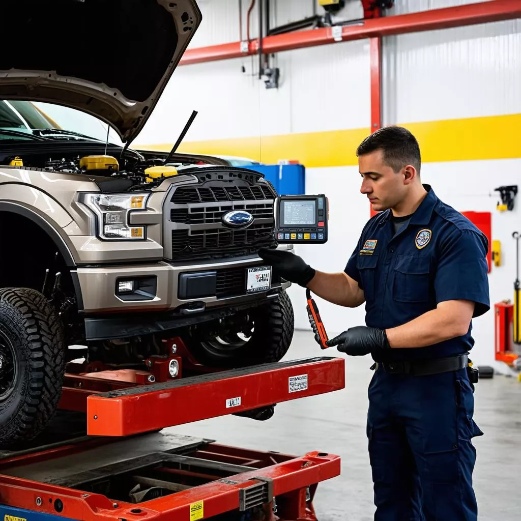 तकनीशियन ट्रक की जाँच करता हुआ