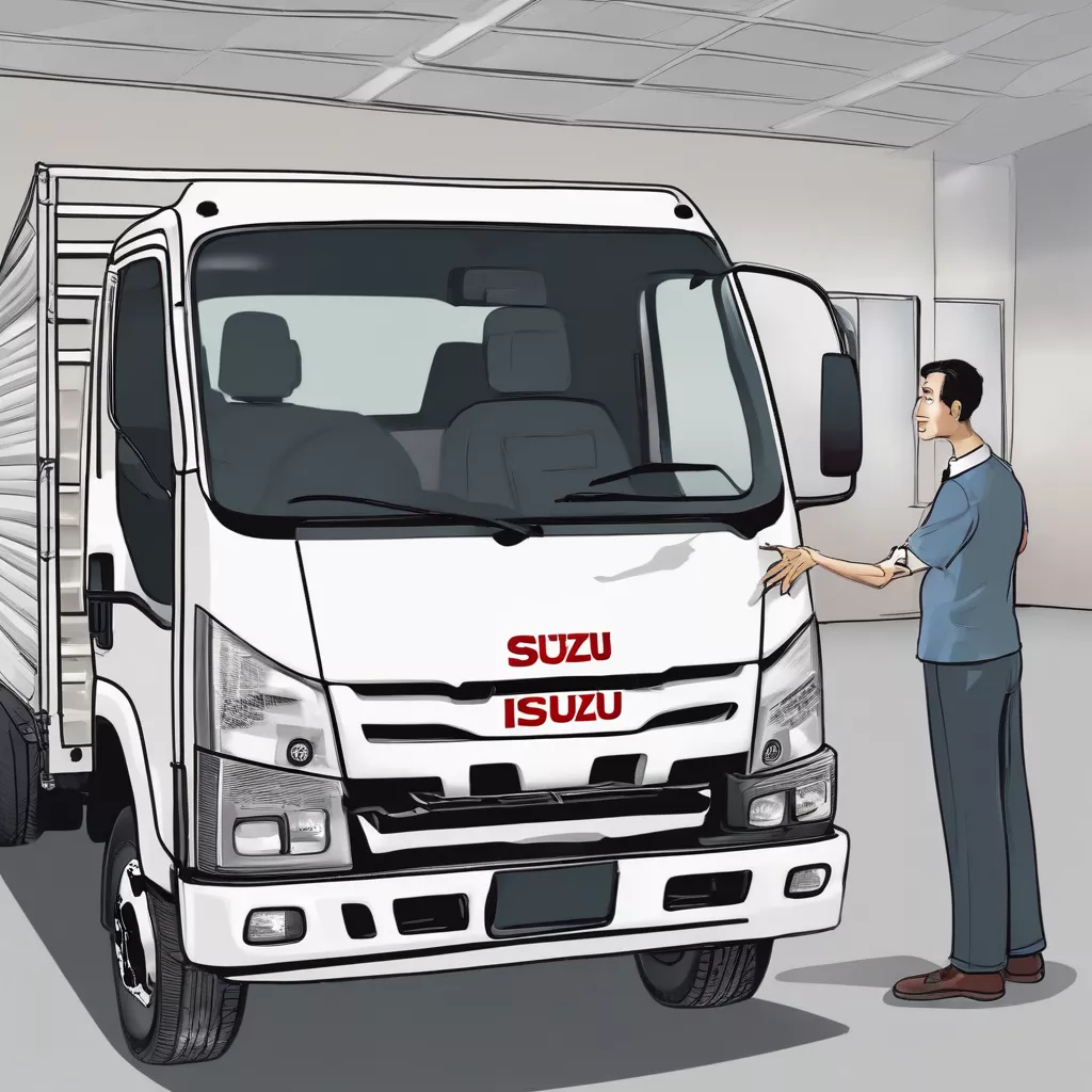 Anh nhân viên đang tư vấn khách hàng mua xe tải Isuzu