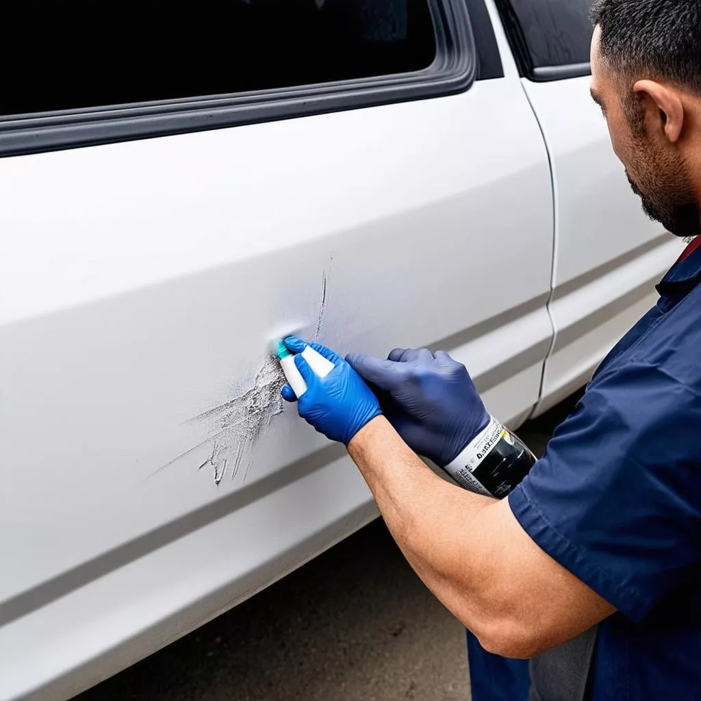 직원이 트럭 스크래치를 처리하는 모습