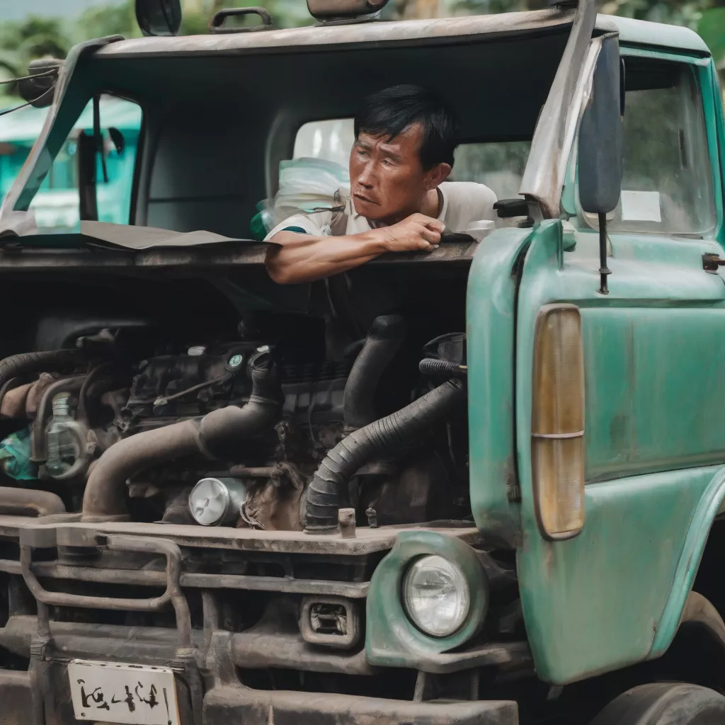 Anh Tuan inspecting his truck