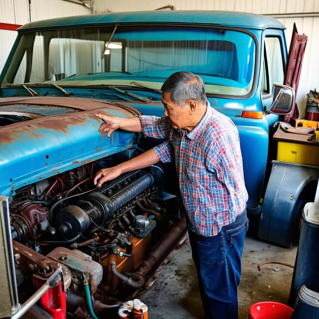 Anh Tuan inspecting his old truck