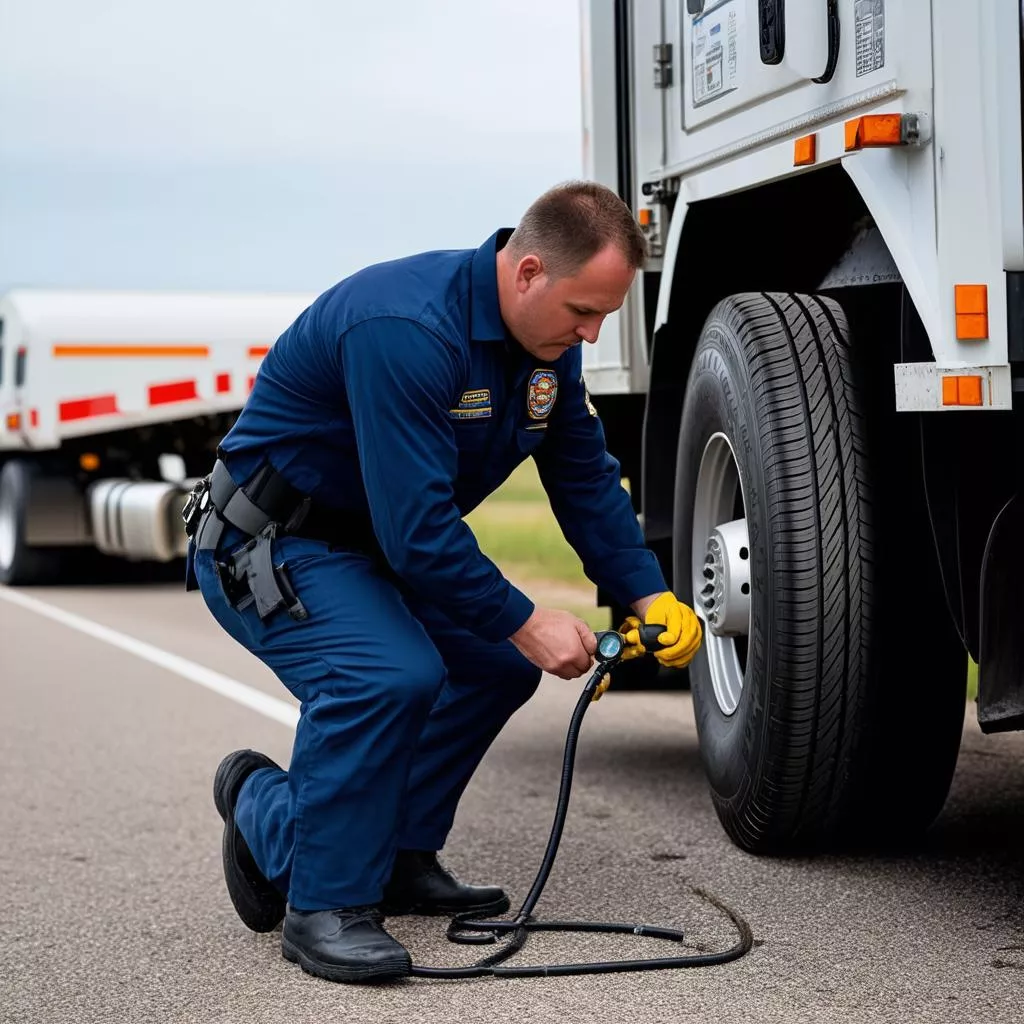 Anh tài xế xe tải đang kiểm tra lốp xe trước khi khởi hành