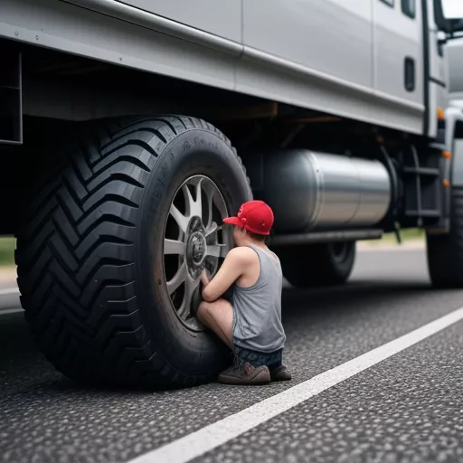 Bác tài đang kiểm tra lốp xe tải Tân Phú