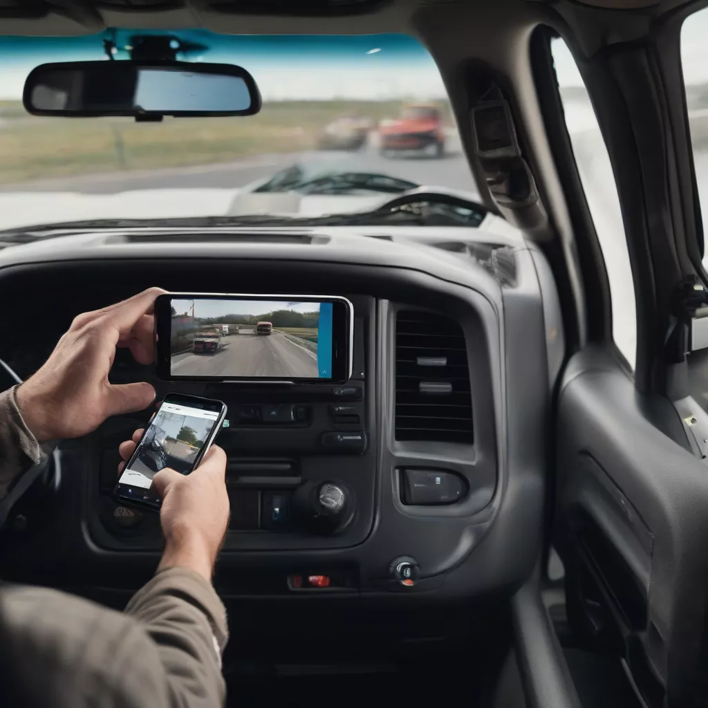 LKW-Fahrer sieht sich ein Video im LKW an