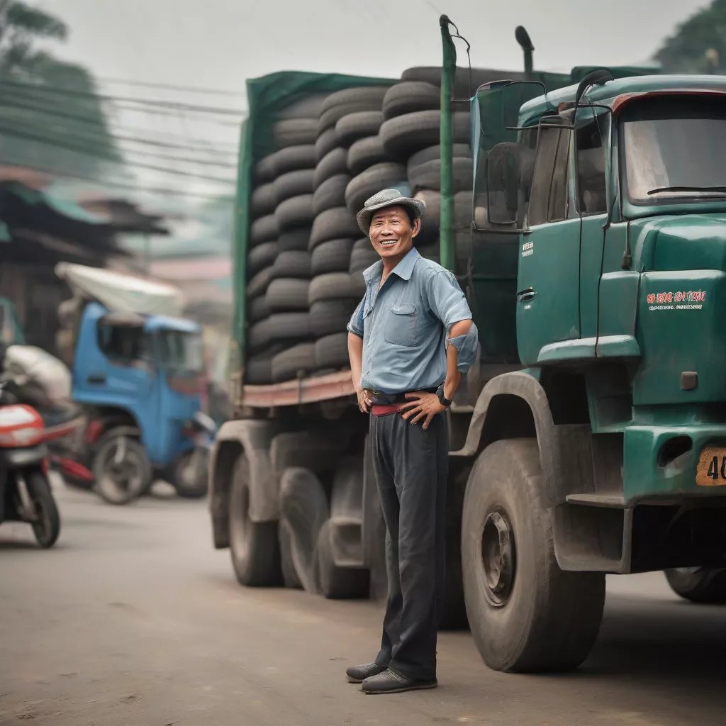 Truck driver inspecting tires