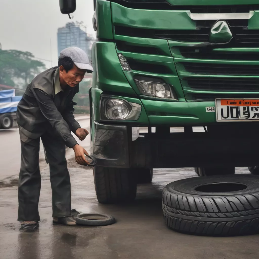 Truck Driver Inspecting Tires