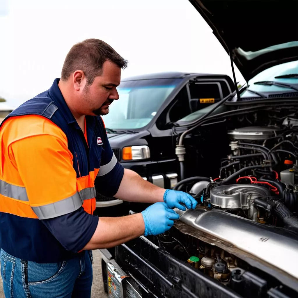 Bác tài kiểm tra xe