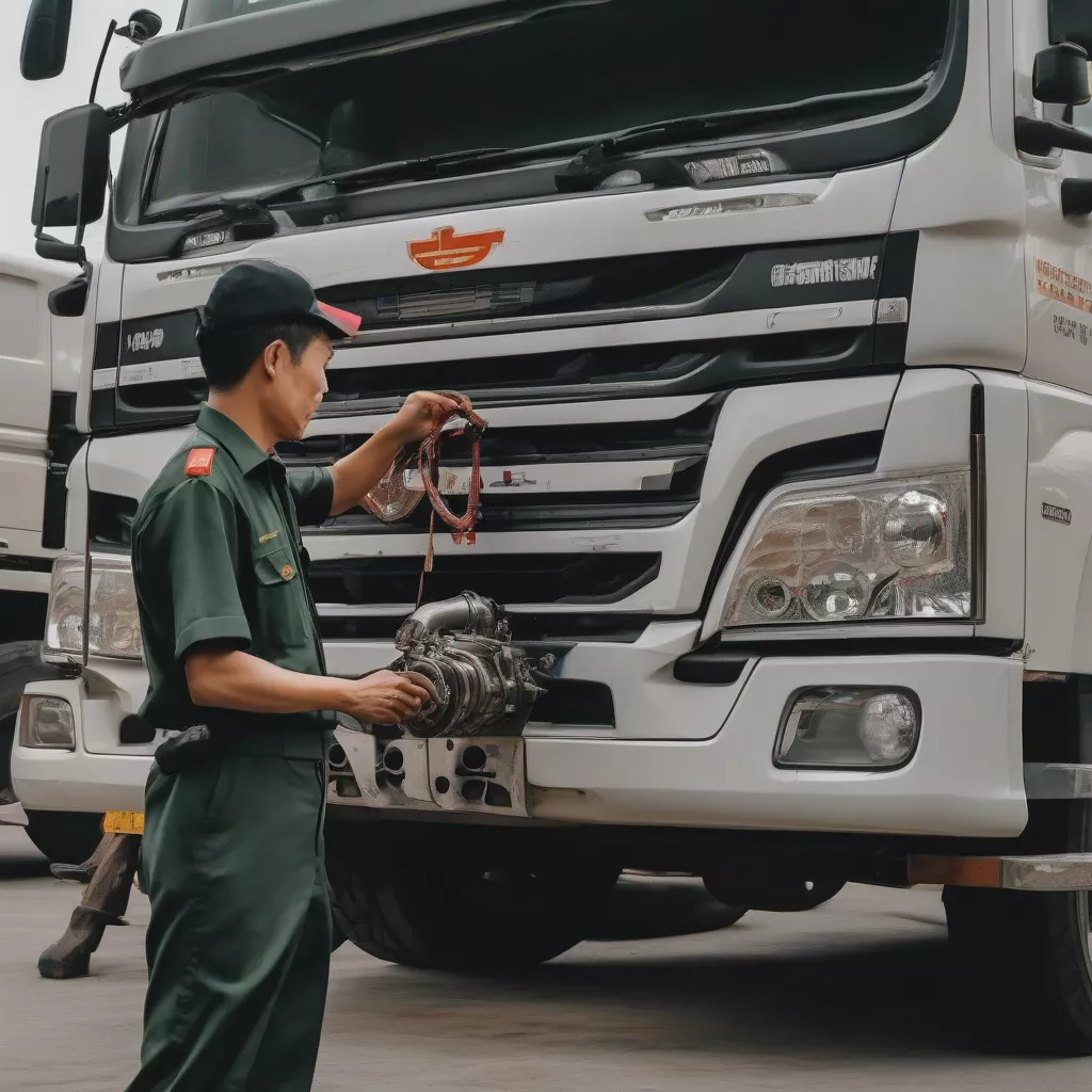 ट्रक की जाँच करता हुआ ड्राइवर