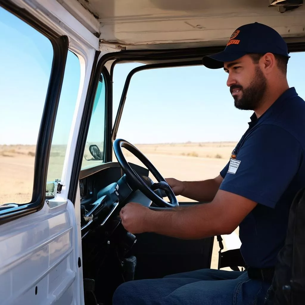 Bác tài đang kiểm tra xe tải