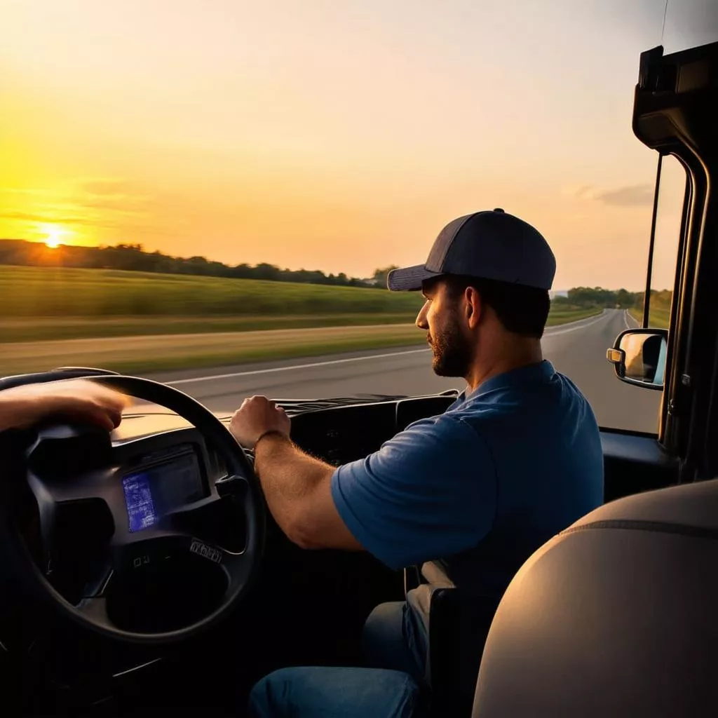 Bác tài lái xe tải về nhà khi hoàng hôn buông xuống