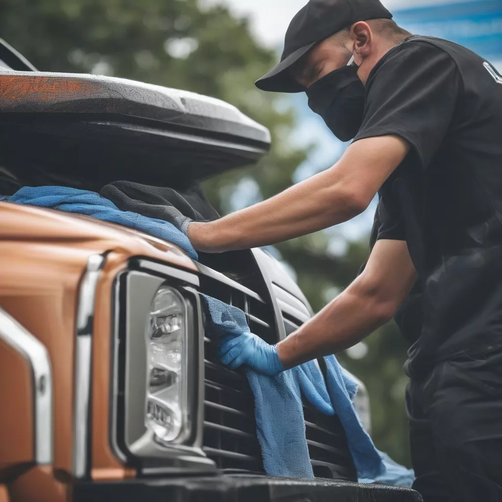 Truck Driver Cleaning the Grille