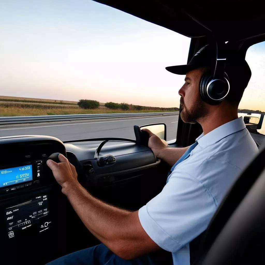 Truck driver listening to music