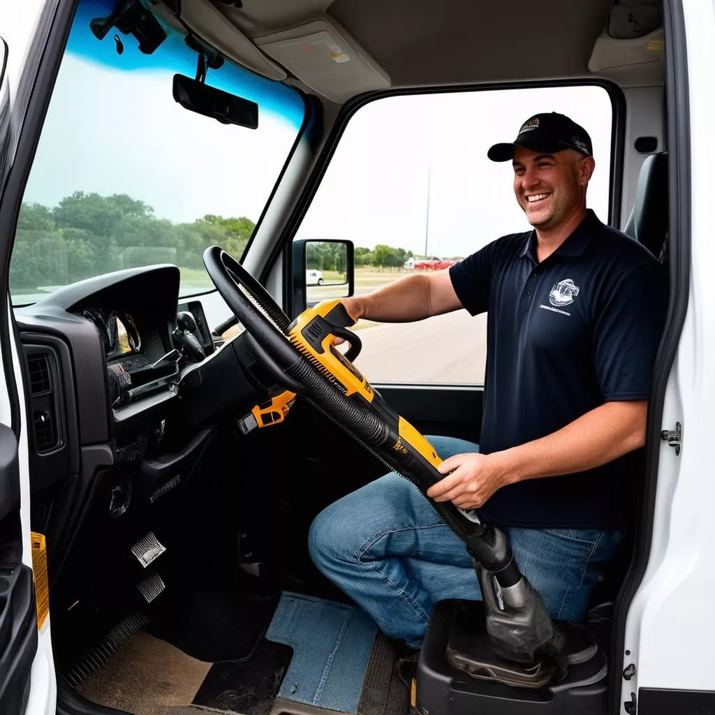Truck Driver Using a Handheld Vacuum to Clean the Truck Interior