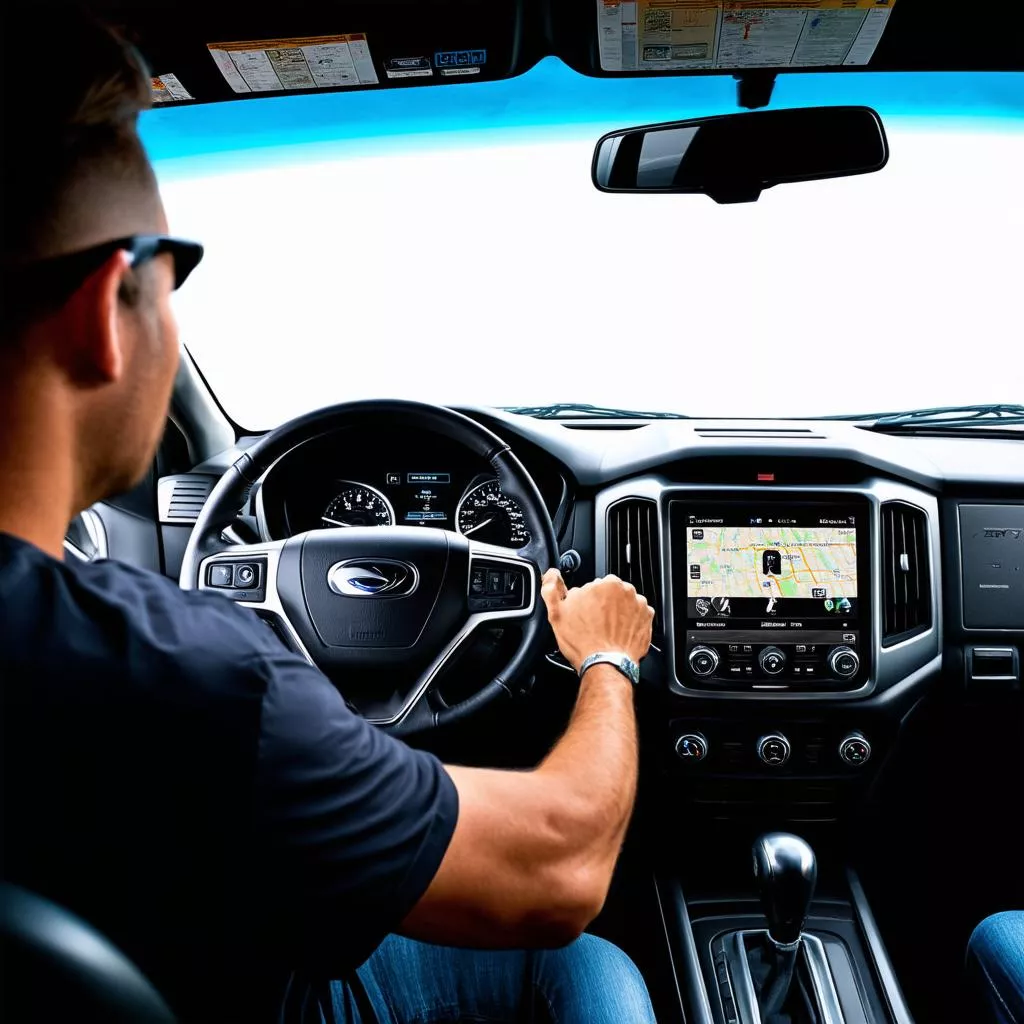 Bác tài xe tải đang sử dụng bản đồ trên ô tô