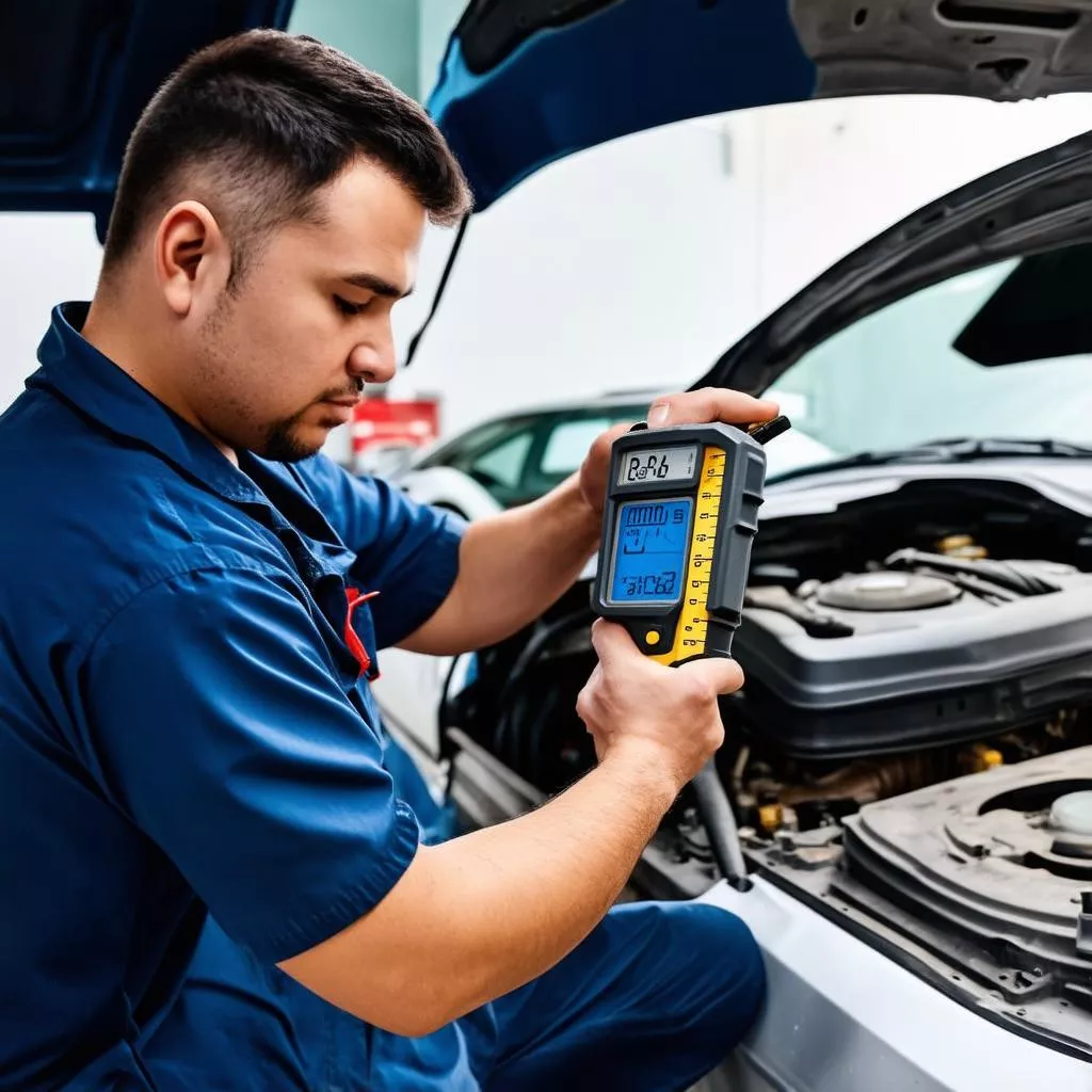 Technician performing car AC maintenance