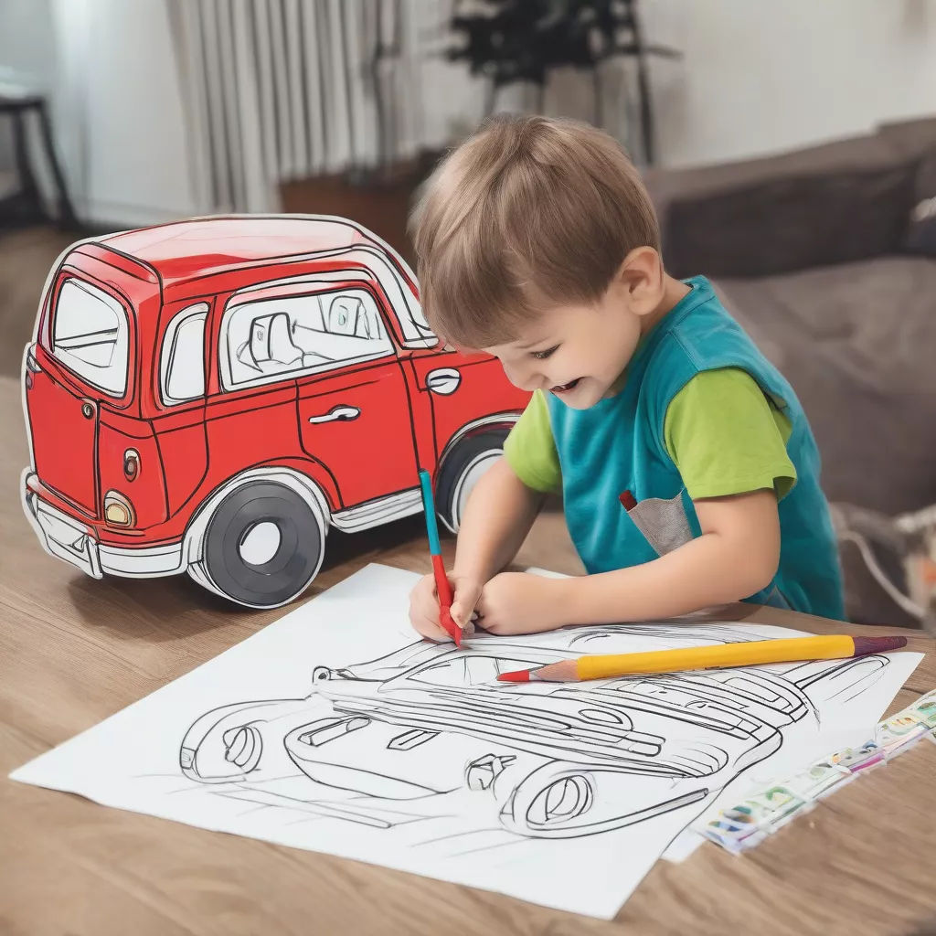 Bé đang tô màu ô tô