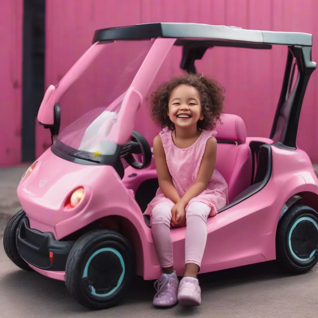 Girl smiling in a pink electric car
