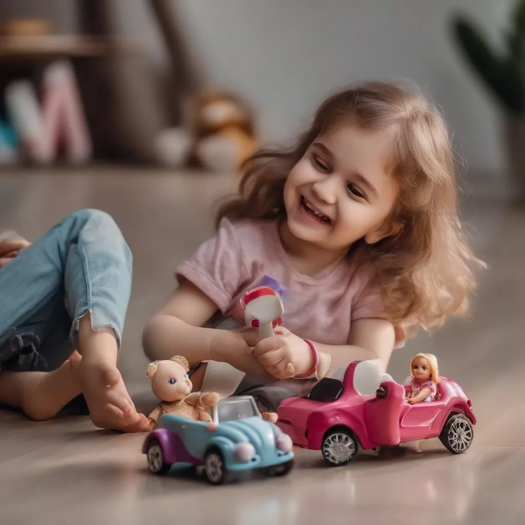 Girl playing with a doll and a toy car