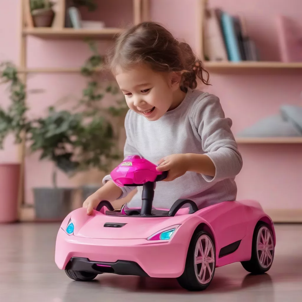 Bé gái đang chơi với xe ô tô trẻ em chạy điện màu hồng
