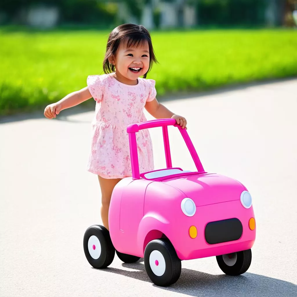 A girl pulling a car-shaped suitcase