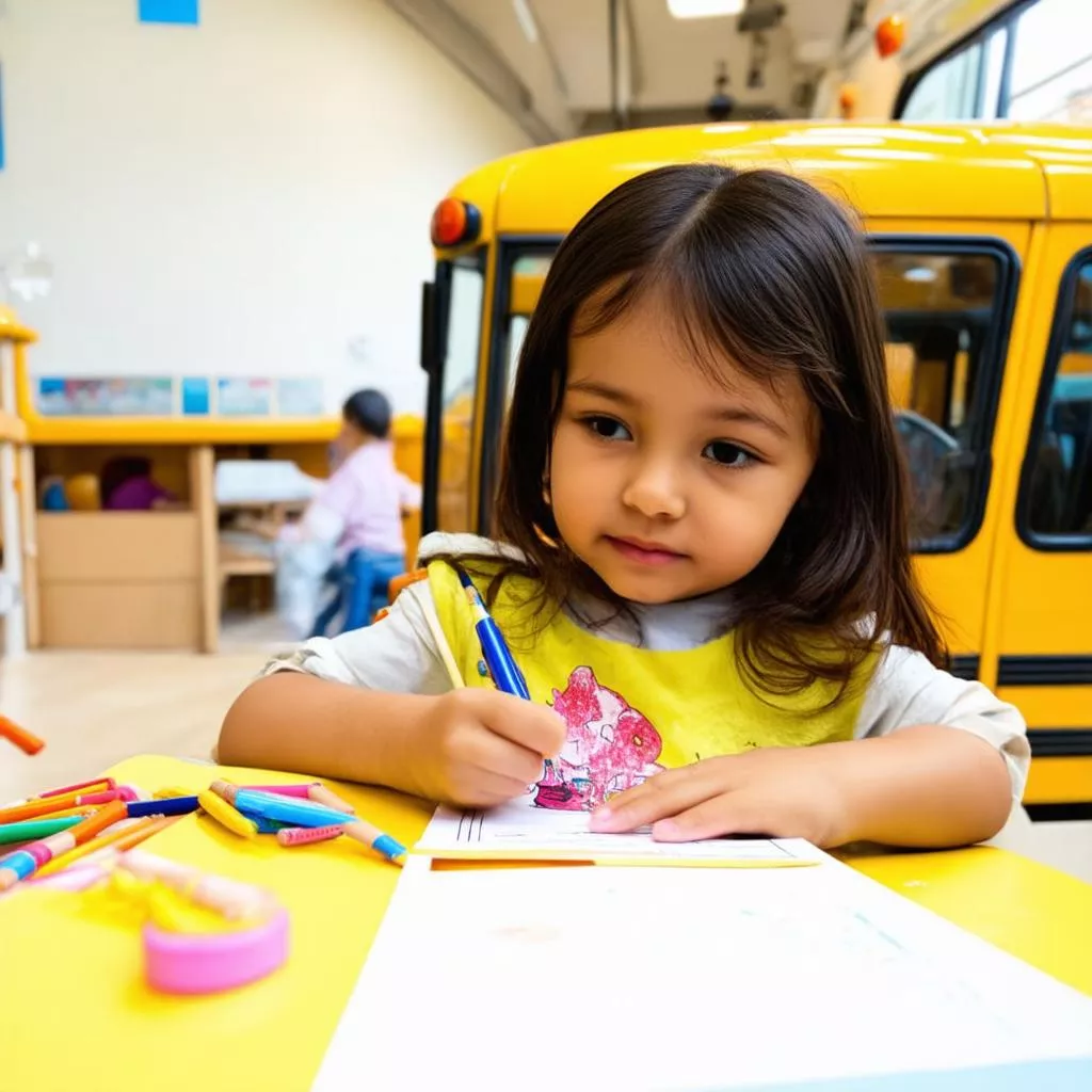 Bé Gái Tô Màu Cho Chiếc Xe Buýt Màu Vàng