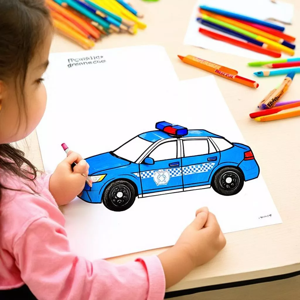 Petite fille coloriant une voiture de police