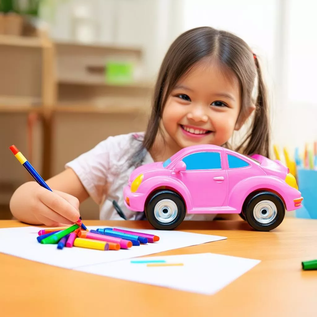 Menina a desenhar um carro cor-de-rosa