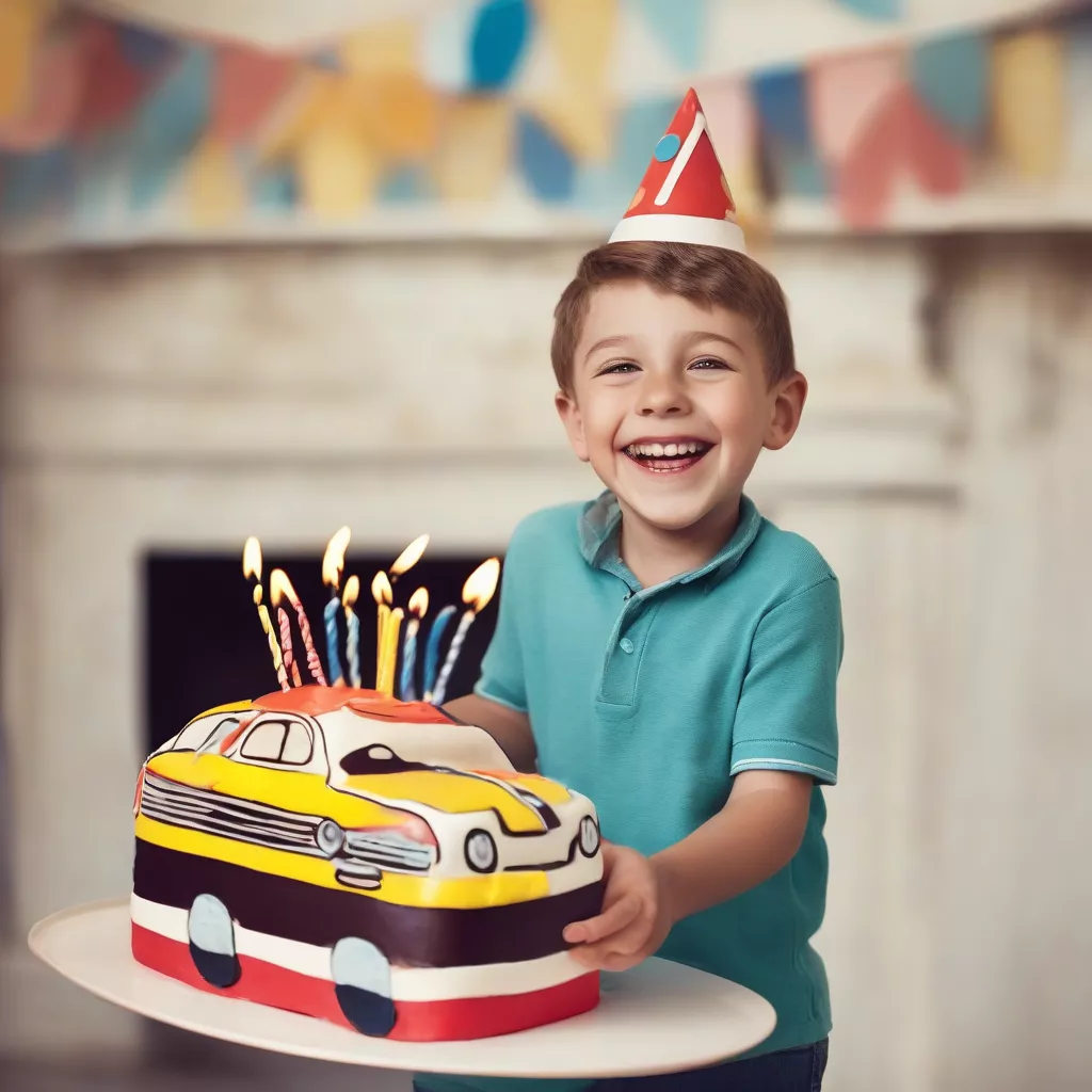 トラック型ケーキを持つ男の子