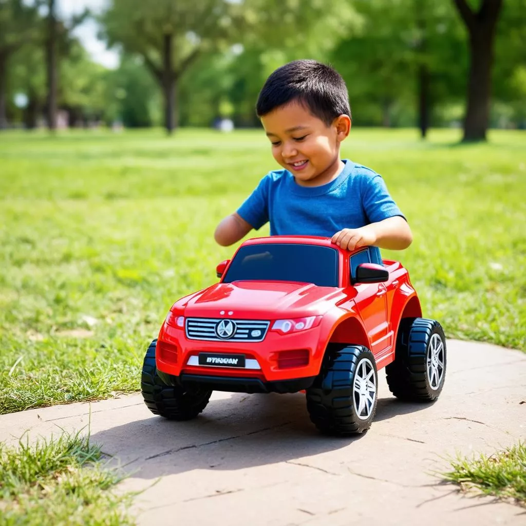 Anak laki-laki bermain mobil kayuh