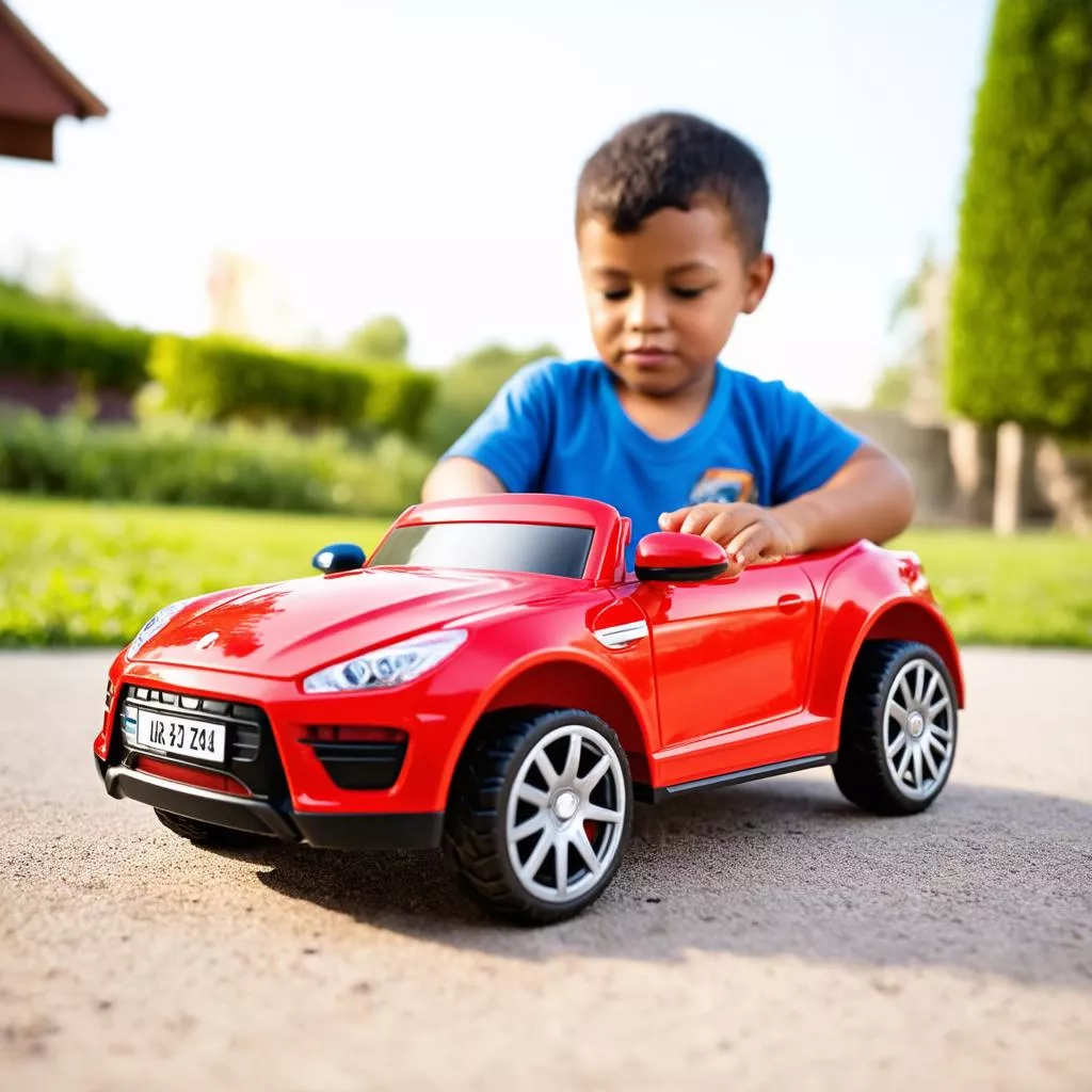 Boy playing with electric car