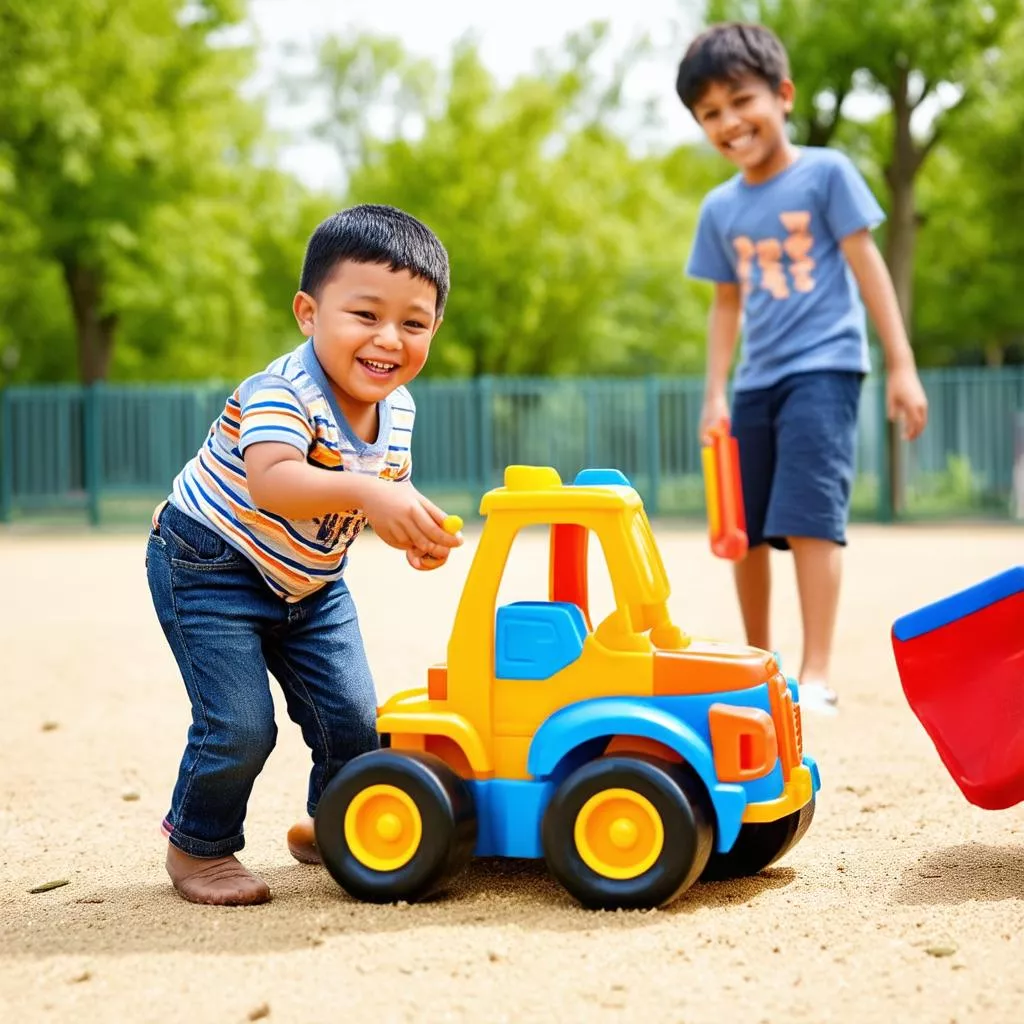 Boy playing with a toy truck