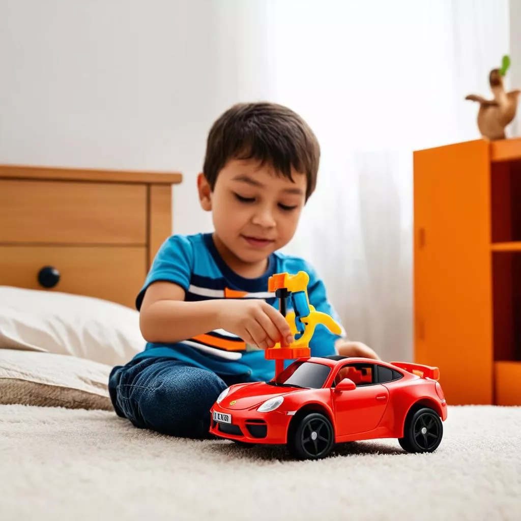 Boy playing with a toy car