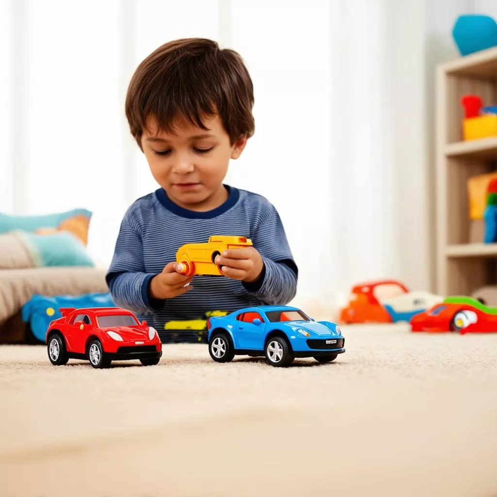 Bé trai chơi ô tô đồ chơi