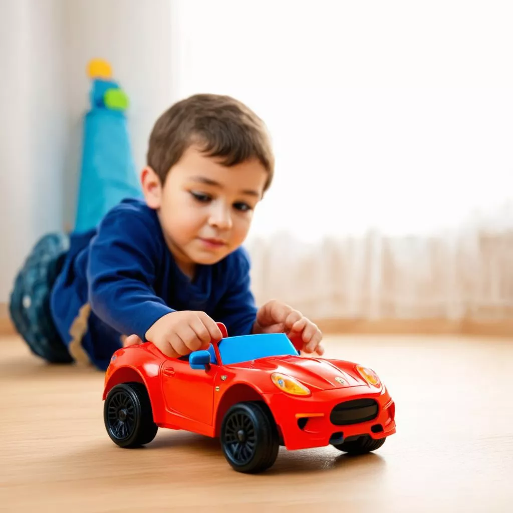 Bé trai đang chơi xe ô tô