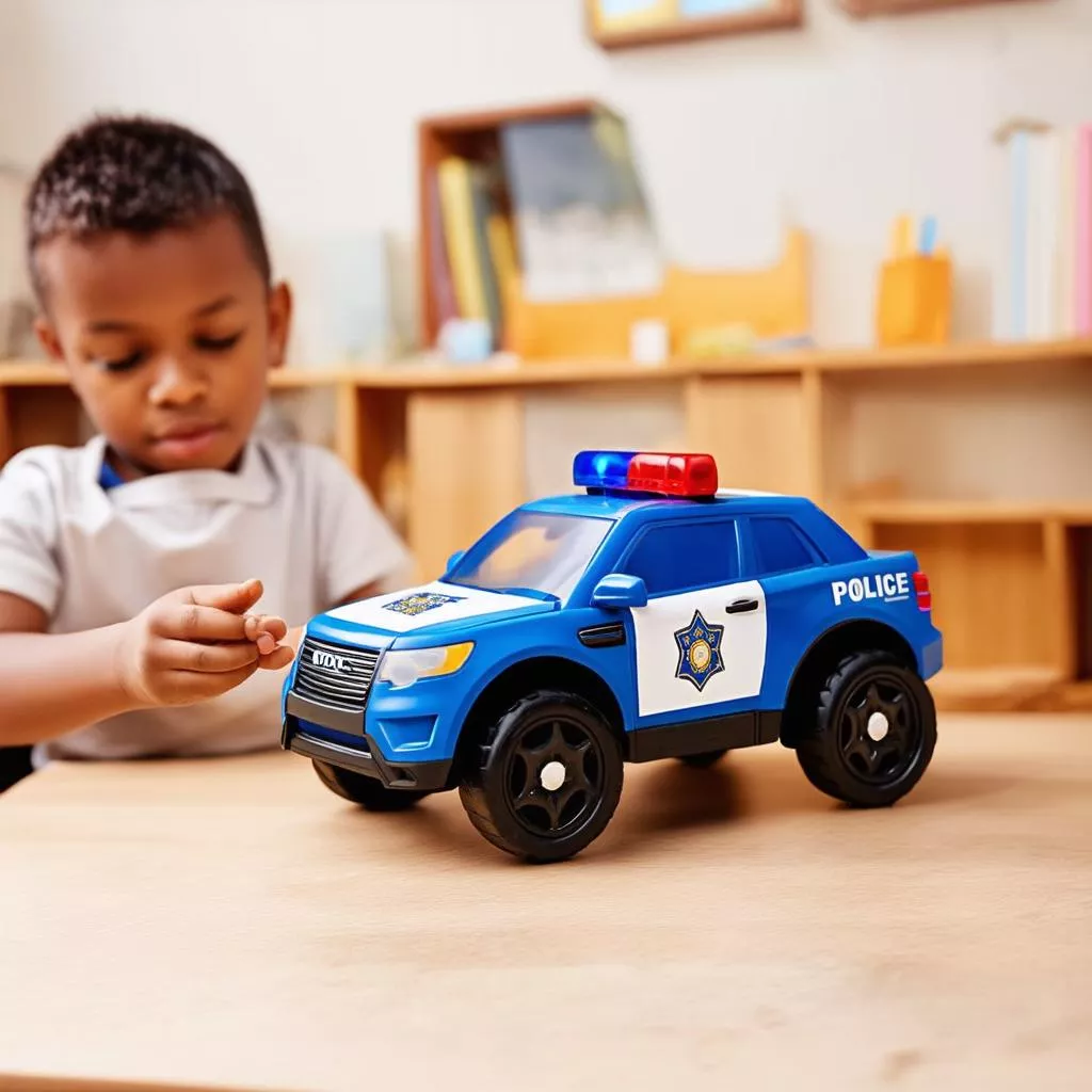 Boy playing with an electric police car