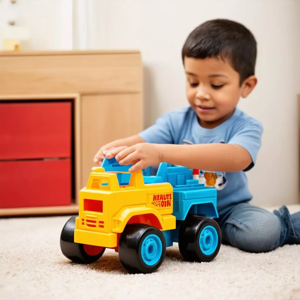 男孩玩玩具卡车