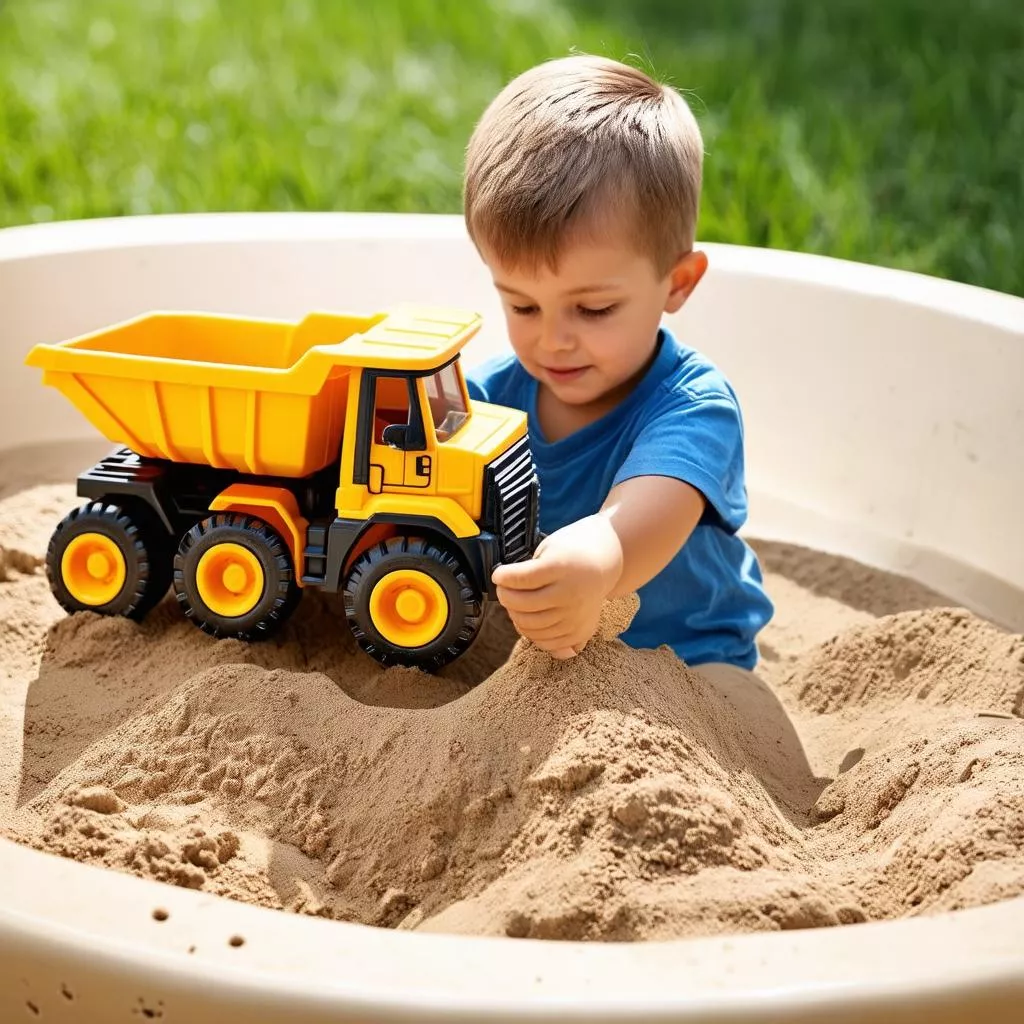 लड़का रेत वाले ट्रक से खेल रहा है