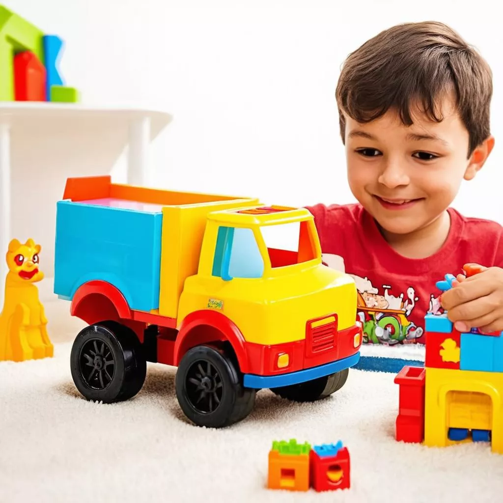 Bé trai chơi xe tải hoạt hình
