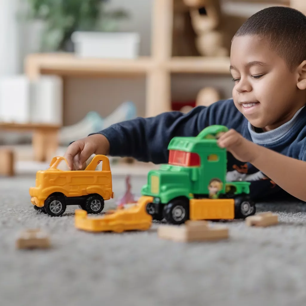 Boy playing with a toy truck set