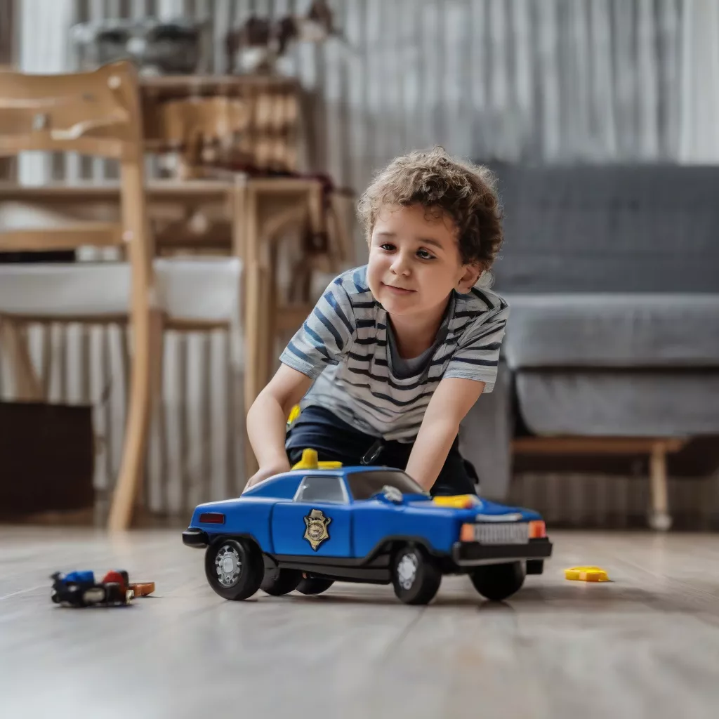 Bé trai đang chơi ô tô cảnh sát đồ chơi