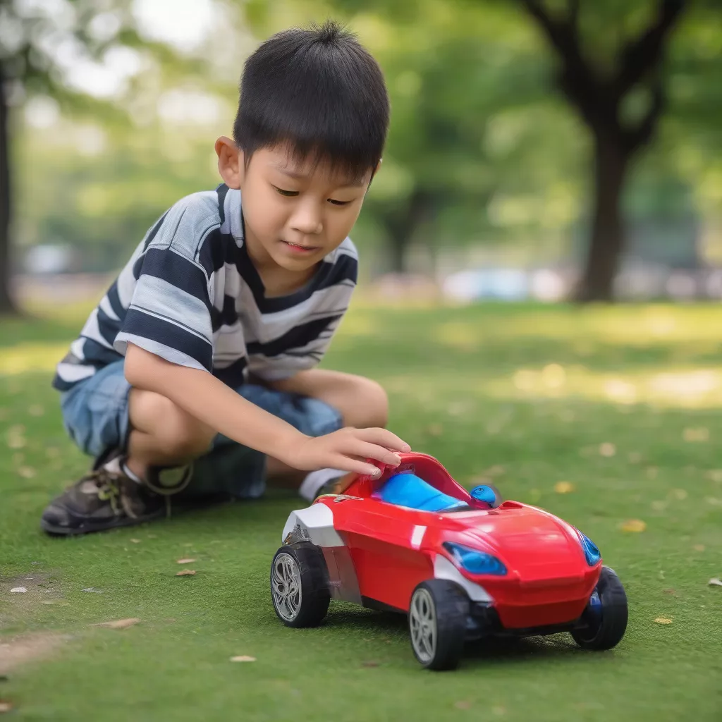 Bé trai đang chơi ô tô chạy điện