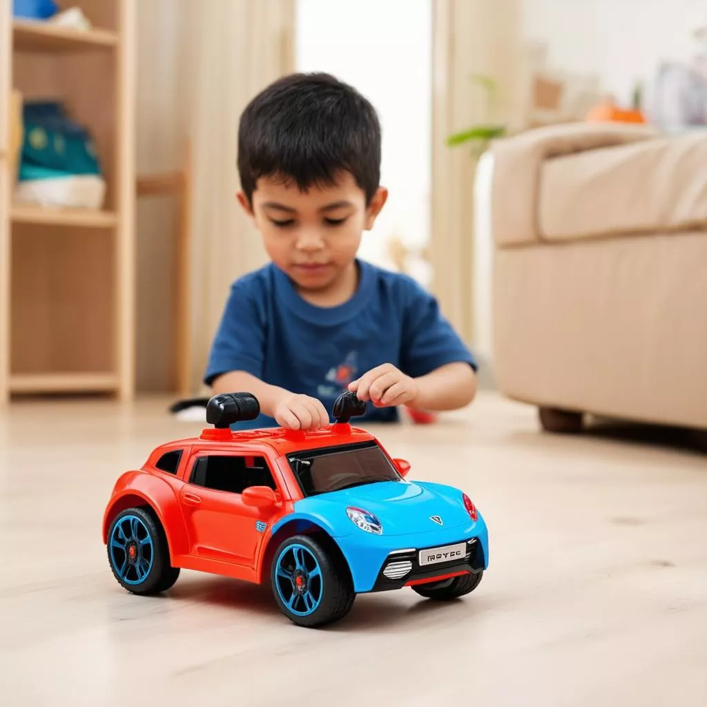Bé trai đang chơi ô tô điện