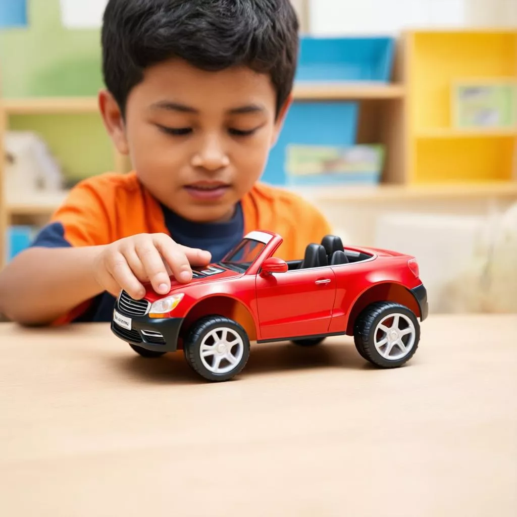 Boy playing with a toy car