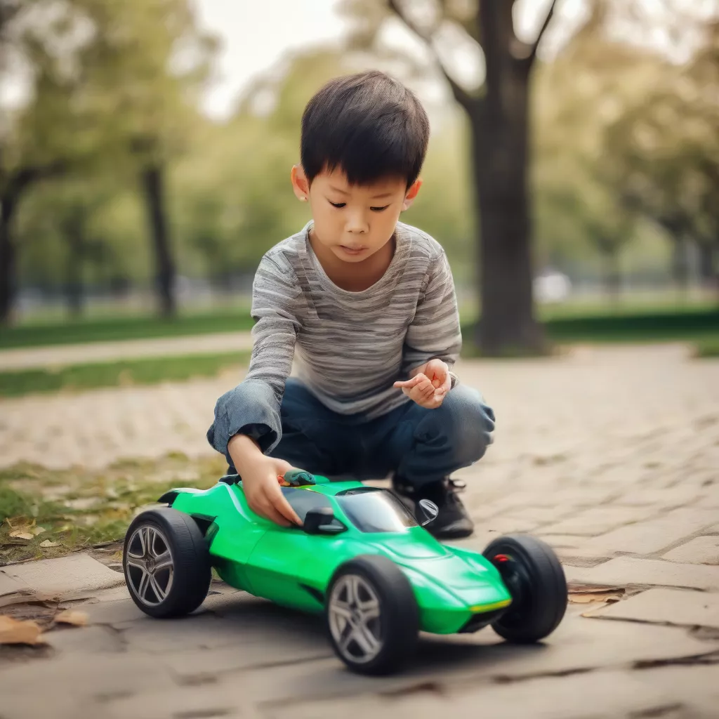 Boy playing with an electric car in the park