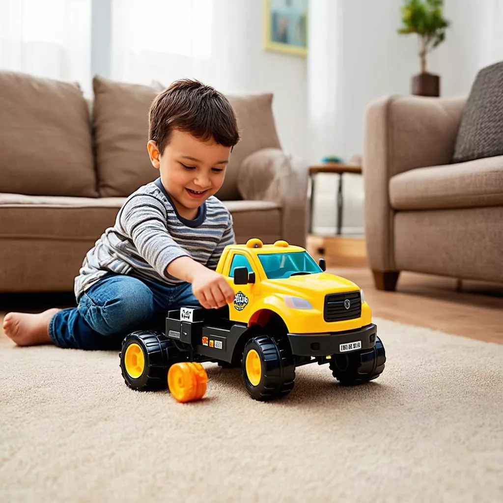 Boy playing with a toy truck in the living room